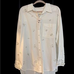 NWT Anthropologie Maeve The Bennet Embellished White oversized Button-Up Shirt